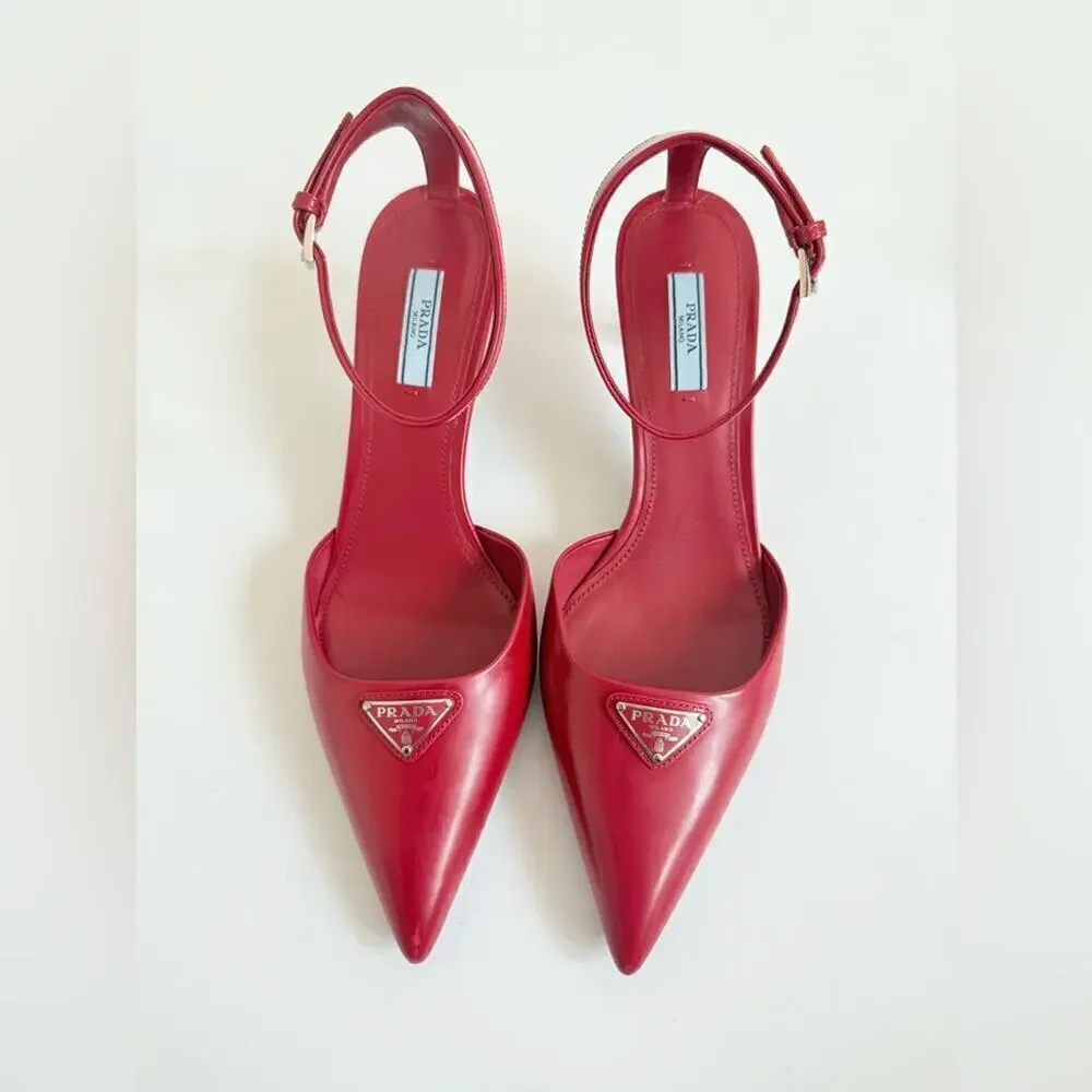 Prada Scarlet Red Leather Logo Plaque pointed toe ankle strap pumps EU 40